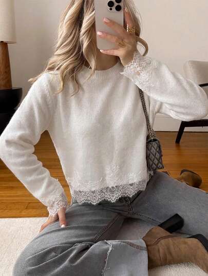 Perirose Women's White Elegant Lace Trim Knit Long Sleeve Top, Round Neck Loose Sweater, Casual Autumn/Winter Outfit For Commuting, Office, Street, Campus, Home Wear, Winter Clothes For Women