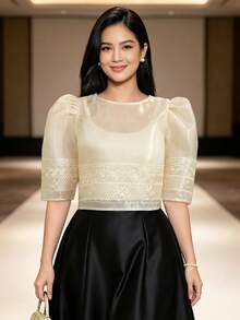 Modern Philippine Style Women's Top, Summer Fashion Comfortable Puff Sleeve Short Sleeve Blouse - Champagne - View 5