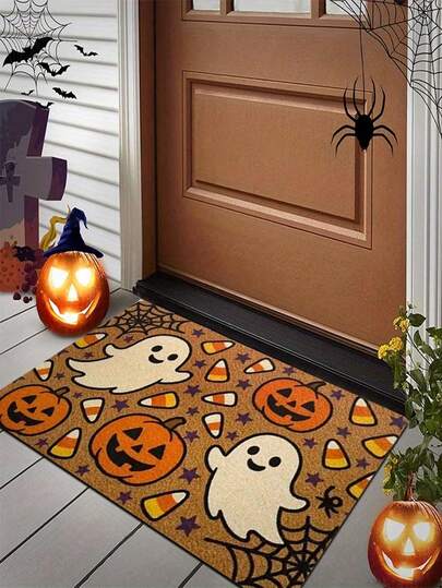 Felpudo de Halloween de fantasía, fondo marrón oscuro con estrellas moradas; el diseño presenta fantasmas blancos sonrientes, calabazas y maíz de caramelo, acentuado con telarañas y arañas, creando una atmósfera festiva, espeluznante y divertida de Halloween.