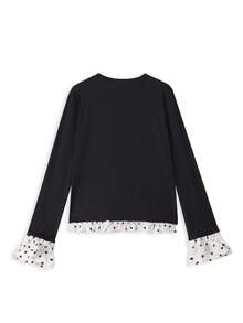 Kaos Lengan Panjang Wanita Gaya Korea Motif Polkadot Blok Warna dengan Rumbai dan Lengan Lonceng, Model Slim Fit, 2 In 1, Potongan Acak, Warna Hitam - Hitam - View 5
