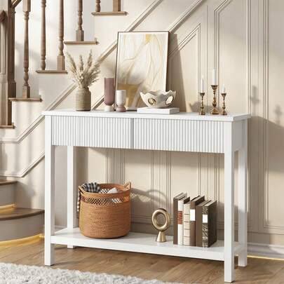 Console, table d'entrée étroite avec tiroir à plateau ondulé, table basse, table d'entrée, table d'appoint pour couloir, entrée, salon, blanc, 100 x 30 x 80 cm