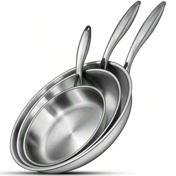 Tri-Ply Stainl Steel Frying Pans Set, 8"/10"/12" Cooking Pans, PFOAandPTFE Free Skillet, Induction Cooking Pan, Dishwasher And Oven , Fast And Even Heat, Heavy Duty And Detachable Handle