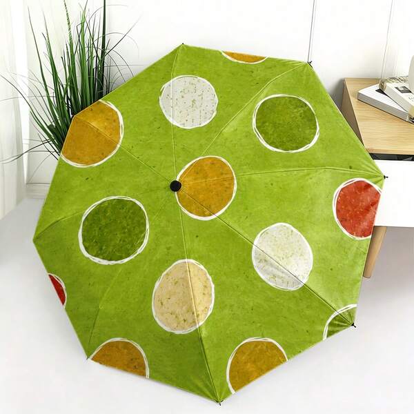 1pc Polka Dot Folding Umbrella - Fresh Colorful Dot Design, Green Background With White Edge And Yellow, White, Green, Red Multi-Color Dots, 2D Flat Print Folding Umbrella, Internal Or External Print Optional, Free Choice, Fashionable And Minimalist, Suitable For Daily Commute, Outdoor Activities And Gift!