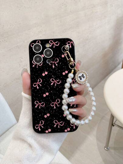 #Android# 1 buah Casing Ponsel TPU Hitam Gaya Gadis Manis dengan Pita Pink dan Motif Ceri, Tahan Guncangan, Perlindungan Penuh, dan 1 buah Rantai Gantung Pita Mutiara, Cocok untuk Casing Ponsel Serbaguna/Casing Ponsel Gantung/Casing Ponsel Menarik/Casing Ponsel Android/Casing Ponsel/Casing Ponsel/Casing Ponsel