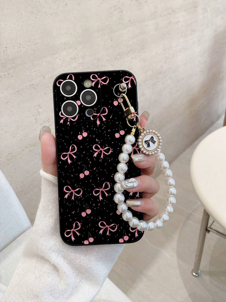 #Android# 1件黑色TPU甜美女孩風粉色蝴蝶結櫻桃滿版印花防震全包手機殼,附1件珍珠蝴蝶結掛鏈,適用於百搭手機殼/掛繩手機殼/趣味手機殼/Android手機殼/手機殼 - 彩色 - 查看 1