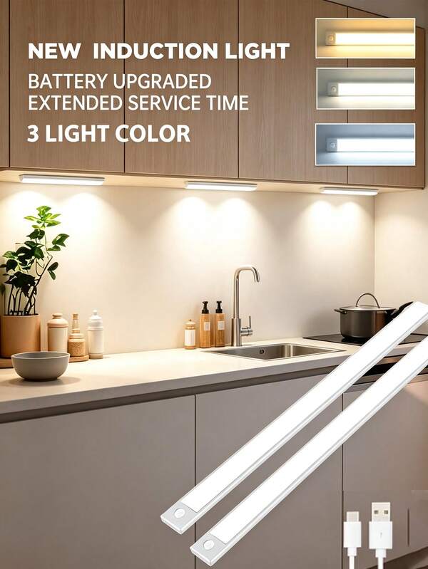 1pc White Shell LED Motion Sensor Cabinet Light, Suitable For Under Cabinet, Wardrobe, Stairs, Hallway, Shelf, Etc., Wireless Magnetic USB Rechargeable Kitchen Night Light, Battery Powered, Size: 50cm/40cm