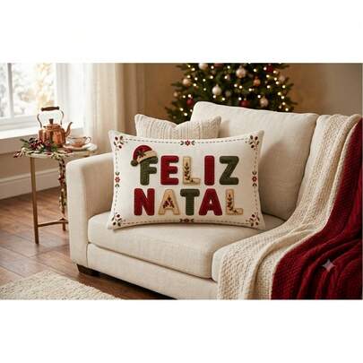 capa de almofada Feliz Natal em linho 45x30 baguete lombar moderna decorativa sala e quarto
