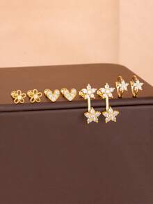 8pcs/Set Fashion Stainless Steel Flower & Heart Shaped Stud Earrings, Women's Elegant Star Hoop Earrings, Pierced Ear Jewelry - Gold-8pcs - View 1