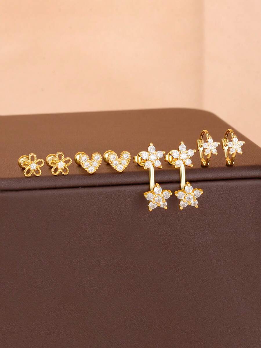 8pcs/Set Fashion Stainless Steel Flower & Heart Shaped Stud Earrings, Women's Elegant Star Hoop Earrings, Pierced Ear Jewelry - Gold-8pcs - View 1