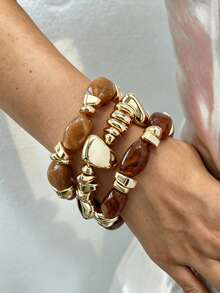 Set Gelang Bulat Akrilik Vintage Elegan 4/3/1 buah, Cocok untuk Pemakaian Sehari-hari Wanita - MultiWarna - View 5