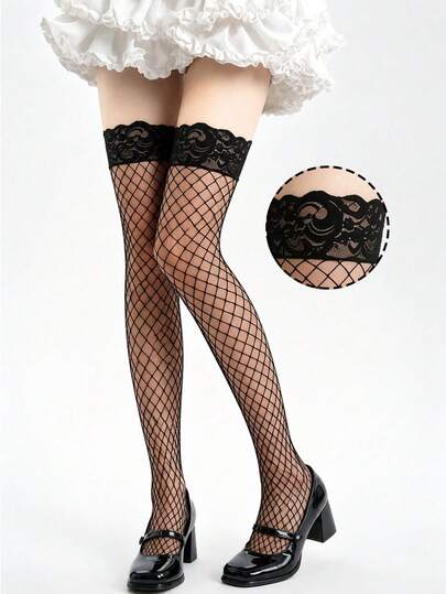 Calcetines de red hasta el muslo para mujer, calcetines de malla transparente con borde de encaje por encima de la rodilla, calcetines largos elásticos para fiestas