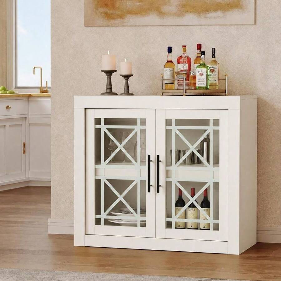 Aparador credenza blanco de 35,4 pulgadas, mueble bar y almacenaje de madera con 2 puertas de cristal, mueble auxiliar para cocina, comedor y recibidor - Blanco - Ver 1