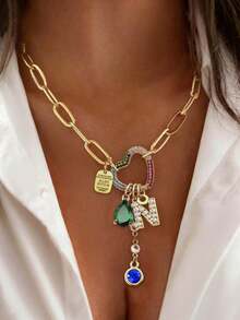 1pc Gold Letter Necklace, Luxury Heart-Shaped Lock With Lock And Green Diamond Pendant Necklace, Exquisite Holiday Party Gift For Women - Yellow Gold - View 33