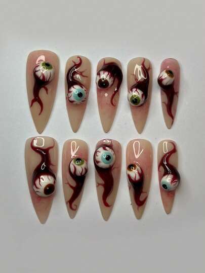 10pcs Halloween Acrylic Press On Nails Stiletto Press On Nails 3D Eyeball With Blood Design Fashion Style Surface Glossy Full Cover Fake Nails For Women And Girls Daily Wear Suitable Parties Or Other Occasions