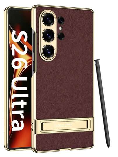 Red New Minimalist Ultra-Thin Electroplated Solid Color Leather Metal Adjustable Stand Precise Cutout Camera Protection PC Full Coverage Shockproof Phone Case Galaxy S23 Ultra/Galaxy S24 Ultra/Galaxy S25 Ultra/S26 Ultra Unisex