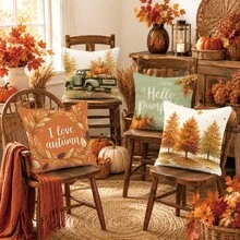 Autumn Forest Truck Pumpkin Cushion Cover 4-Piece Set, Single-Sided Printed Peach Skin Velvet Polyester Material, 45*45CM Pillow Covers For Modern Fabric Sofa Indoor Decor, Party Decoration, Gift Giving - Multicolor - View 4