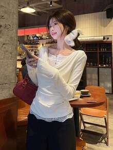 Draped Neck Pleated Long Sleeve Layered Lace Patchwork T-Shirt - Apricot - View 5