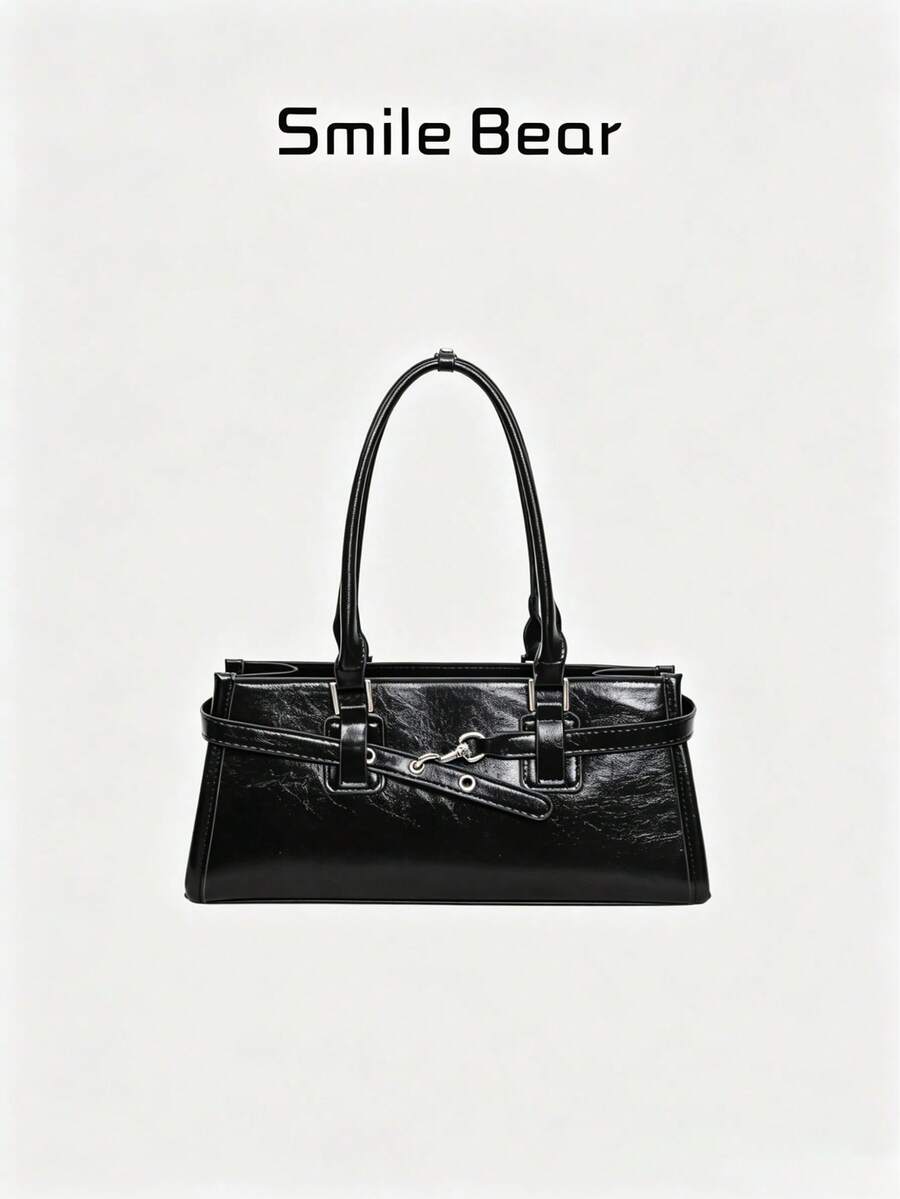 Bolso de hombro tipo baguette largo con hebilla de metal con cordones, bolso de mano minimalista para ir al trabajo
