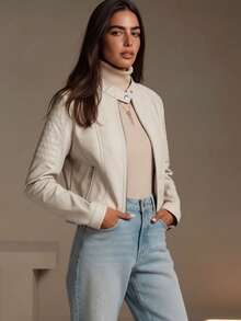 Giolshon Women's PU Motorcycle Jacket, Streetwear Design, With Zipper Pockets, Suitable For Urban Commute And Travel, Balancing Style And Practicality, Suitable For Spring - Beige - View 4