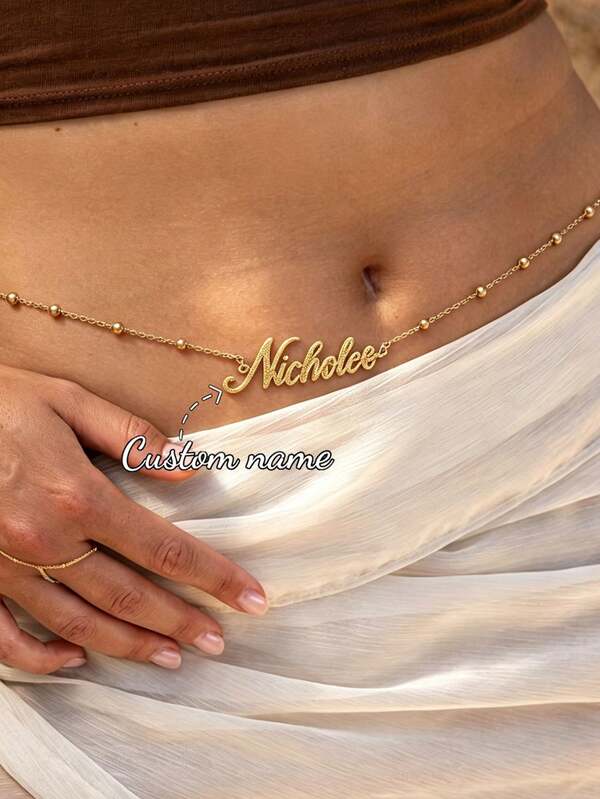 Custom Shiny Matte Name Waist Chain, Designed For Women And Girls, Exquisite And Unique, Personalized Shiny Name Waist Chain, Stainless Steel Heart Butterfly Letter Cuban Chain, Belly Chain, Summer Bikini Beach Vacation Style Accessory, Anniversary Gift, Creative Gift, Christmas, Valentine's Day, Mother's Day, Thanksgiving, New Year Gift