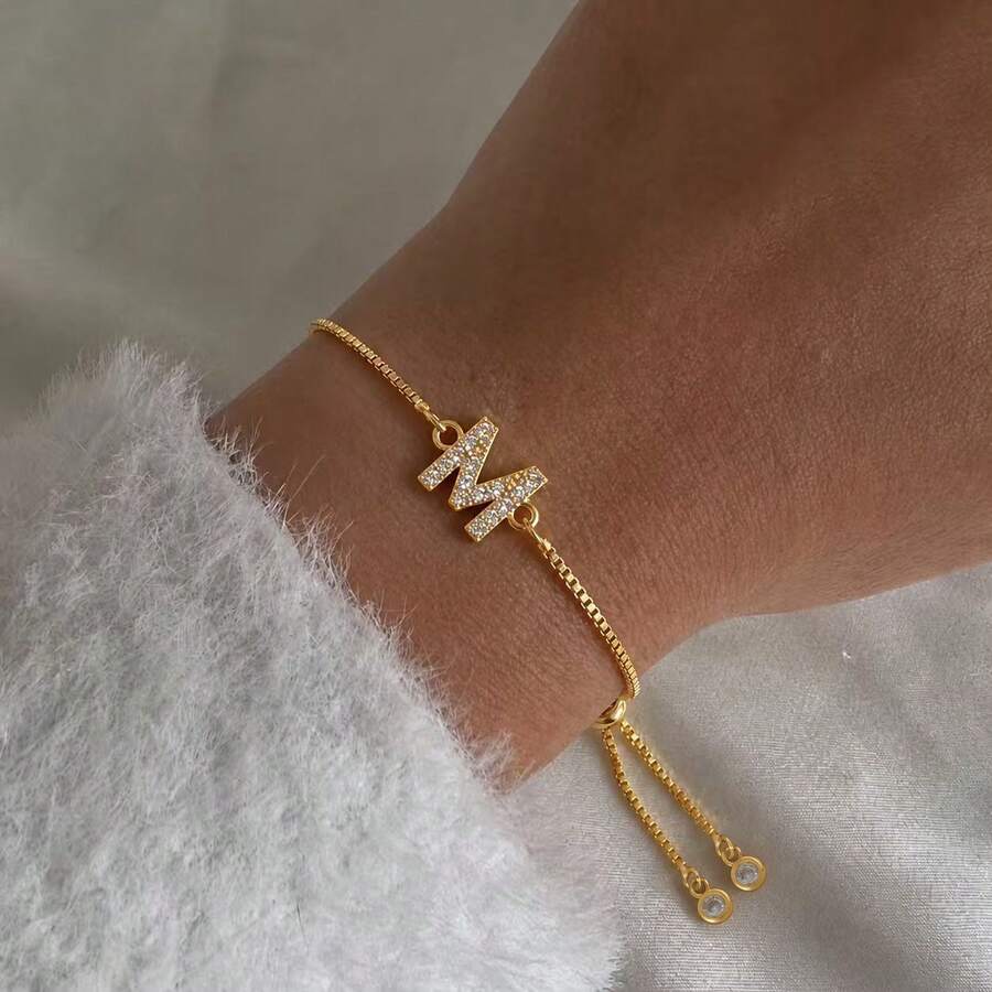 1pc New Fashion Letter Pendant Gold Adjustable Square Chain Bracelet For Women - Yellow Gold - View 1