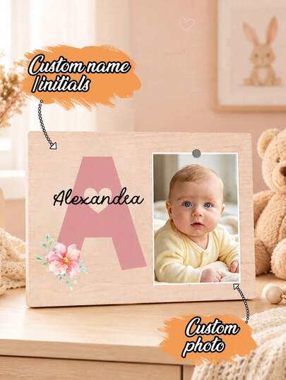 Custom Initial Photo Plaque, Personalized Room Decor, Floral Memory Display, Customized Name Keepsake, Customizable Photo Gift, Birthday Gift, Home