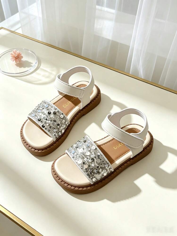 1 Pasang Sandal Datar Anak Perempuan Warna Perak Campuran Berpayet dan Berkilau dengan Tali Lebar dan Perekat, Ujung Persegi dan Terbuka, Cocok untuk Pesta, Fotografi, dan Liburan - Perak - View 6