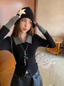 Women's Early Spring Striped Patchwork Slim Fit Cardigan Top, Collared Long Sleeve T-Shirt - Black - View 2