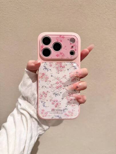Vintage Pink Floral "PINK GARDEN" Print Phone Case, Light Pink Soft Silicone Shell, Dual Large Transparent Camera Window, Embossed Pink & Blue Cherry Blossom Pattern, Minimalist Floral Text Slogan, Anti-Drop Lightweight Protective Case, Suitable For IPhone 17 16 15 14 13 12 11 Pro & Pro Max