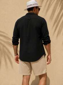 Men Solid Linen Blend Solid Color Button Front Collared Casual Long Sleeve Shirt - Black - View 3