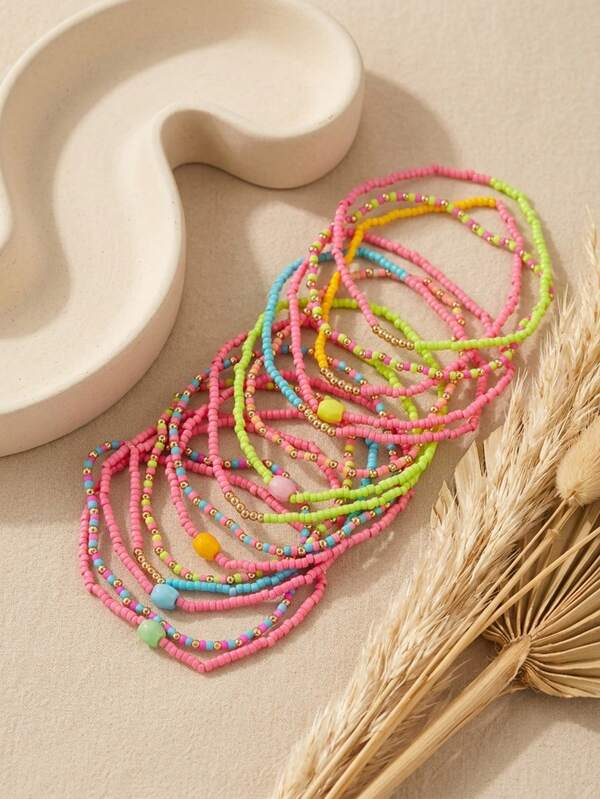 15pcs/Set Bohemian Versatile Asymmetrical Cut Round Beads CCB Seed Beads Elastic Stacking Beaded Bracelets For Women, Suitable For Daily Commute, Party, Vacation Wear