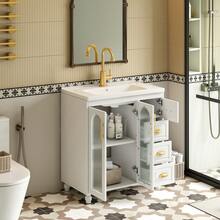 Old SKU: LY316465AAA-Badmöbel Single Vanity Unit With 80 Cm Base Cabinet And Ceramic Washbasin, White - White - View 3