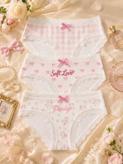 Set 3 quần lót tam giác nữ cạp vừa phong cách tối giản quyến rũ, màu hồng kẻ caro, nơ, hoa nhí, ren, mềm mại, Love & Peachy