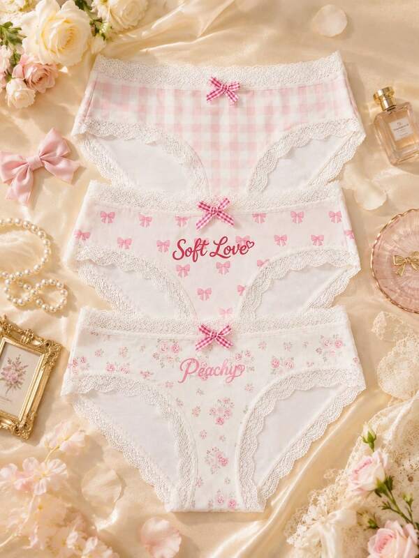 3pcs/Pack Minimalist Sexy Style Pink Plaid Bow Ditsy Floral Lace Women's Triangle Panties Soft Love & Peachy Mid-Waist Underwear Set