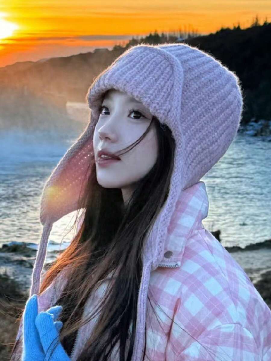 1pc Japanese Style Cute Pink Knitted Earflap Hat For Women, Face-Slimming Warm Winter Earflap Hat - Multicolor - View 1