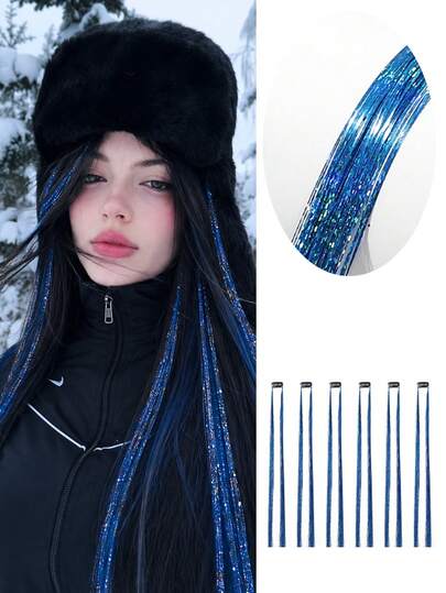 6Pcs/Set Purple & Blue Glitter Tinsel Clip-In Hair Extensions, 18 Inch Straight Shimmer Hairpieces For Women, Easy Wear Colorful Highlights For Halloween Costume, Cosplay, Theme Party, Music Festival, Nightclub, Stage Show And Daily Fashion Styling