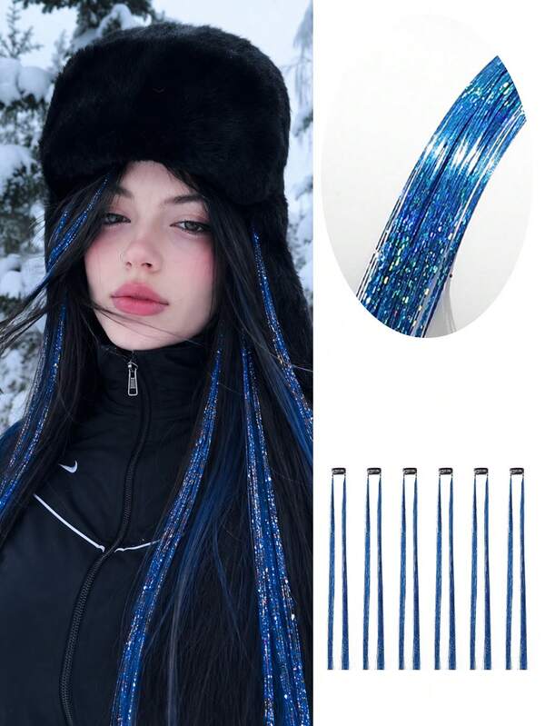 6Pcs/Set Purple & Blue Glitter Tinsel Clip-In Hair Extensions, 18 Inch Straight Shimmer Hairpieces For Women, Easy Wear Colorful Highlights For Halloween Costume, Cosplay, Theme Party, Music Festival, Nightclub, Stage Show And Daily Fashion Styling
