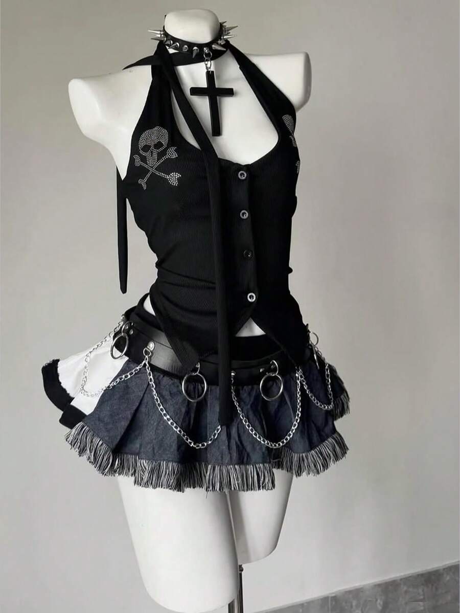 哥德風骷髏交叉骨上衣,黑色修身前扣式細肩帶背心,Grunge Fairycore 外出休閒上衣 - 黑色 - 查看 1