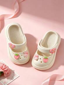 HAHABOBO Little Girls' Strawberry & Animal Decor Clogs, Breathable Closed Toe Mary Jane Style Platform Height-Boosting Sweet Shoes For Summer Daily Outings - White - View 3