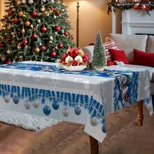 2D Flat-Print Polyester Christmas Tablecloth – Blue Design Featuring Christmas Balloons, Bells, And Bows With Winter Snowflakes – Perfect For Home, Parties, And Holiday Decor – An Ideal Festive Gift - Christmas Style E - View 3