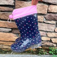 HSYAAMOO Kids Rain Shoes, Girls Rain Boots, Polka Dot Glitter, Drawstring Cuff, Waterproof, Anti-Slip Soft Sole - Navy Blue - View 6
