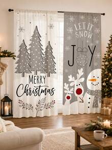 2pcs Gray Tone Minimalist Reindeer Snowman Christmas Tree Christmas Print Curtains, Rod Pocket Polyester Fabric, Simple Line Pine Tree Red Berry Snowflake Holiday Text Full Print, Nordic Cold Style Quiet Winter Christmas, Machine Washable, Kitchen Living Room Bedroom Decor Window Treatment - Multicolor - View 3