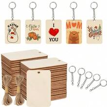 50pcs Unfinished Blank Rectangular Wooden Keychain Set, Raw Wood Pieces With Key Rings And Jute Rope, Suitable For Making Home Calendar, Birthday Decoration Board Labels, Holiday Decoration Supplies, Jewelry Making Key Rings - Multicolor - View 1