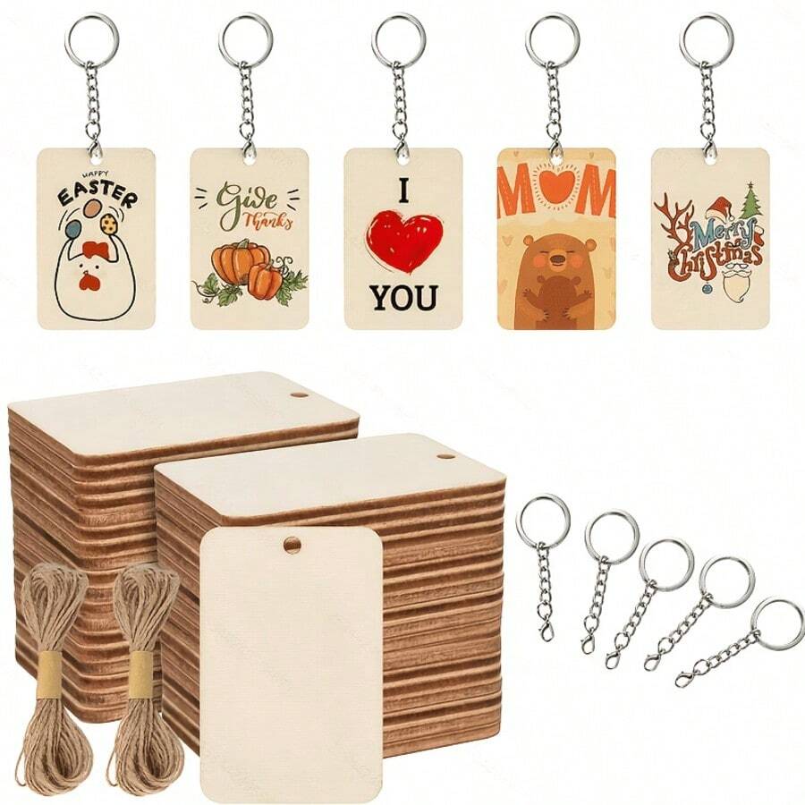 50pcs Unfinished Blank Rectangular Wooden Keychain Set, Raw Wood Pieces With Key Rings And Jute Rope, Suitable For Making Home Calendar, Birthday Decoration Board Labels, Holiday Decoration Supplies, Jewelry Making Key Rings - Multicolor - View 1