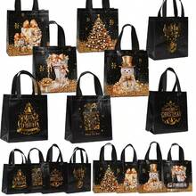 20/12/4pcs Large Christmas Holiday Gift Bags New Year Gift Bags Party Pet Bags With Festive Snowflake, Reindeer, Santa Claus And Snowman Design Reusable Tote Bags - Black - View 1