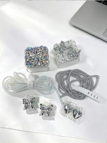 6pcs Set Exquisite Premium Silver Shiny Rhinestone Butterfly Data Cable Protector With Hard Shell Storage Bag, Charging Cable Winder, Cable Clip And Gradient Laser Protective Case, Compatible For Apple 18/20W Series Charger Protection Storage Set, Anti-Breakage Anti-Drop Anti-Shock, Daily Travel Charging Accessories Full Set Combination - View 5