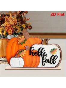 1pc "Hello Autumn" Pumpkin Wooden 2D Flat Desktop Decor, Farmhouse Harvest Symbol, Decorated With Autumn Leaves And Berries, Suitable For Tabletop Decoration, Party Decor, Halloween Decor, Christmas Decor - Multicolor - View 7