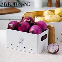 Myrothcane 3pcs Bamboo Lid Potato Onion Garlic Storage Bins, Ventilated Metal Vegetable Storage Containers, Stackable Farmhouse Style Kitchen Countertop Produce Organizer, Suitable For Pantry Storage - White - View 5