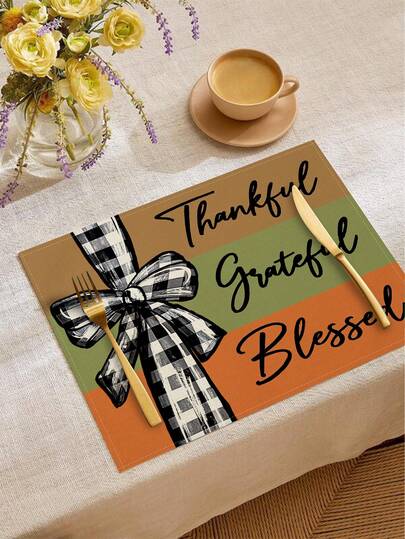 Autumn Harvest Festival Bow & Letter Heat-Resistant Placemats, Hello Autumn Thanksgiving Linen Placemats, Stain-Resistant Table Mats, Suitable For Home Dining Room And Restaurant, Table Decor, Home Supplies 4pcs/6pcs/18pcs