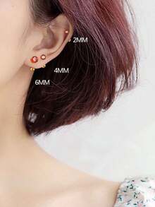 1pair 925 Sterling Silver Earring With Red Ruby & Cubic Zirconia, Fashionable Mini Daily Casual Women's Stud Earring Holiday - Yellow Gold - View 4